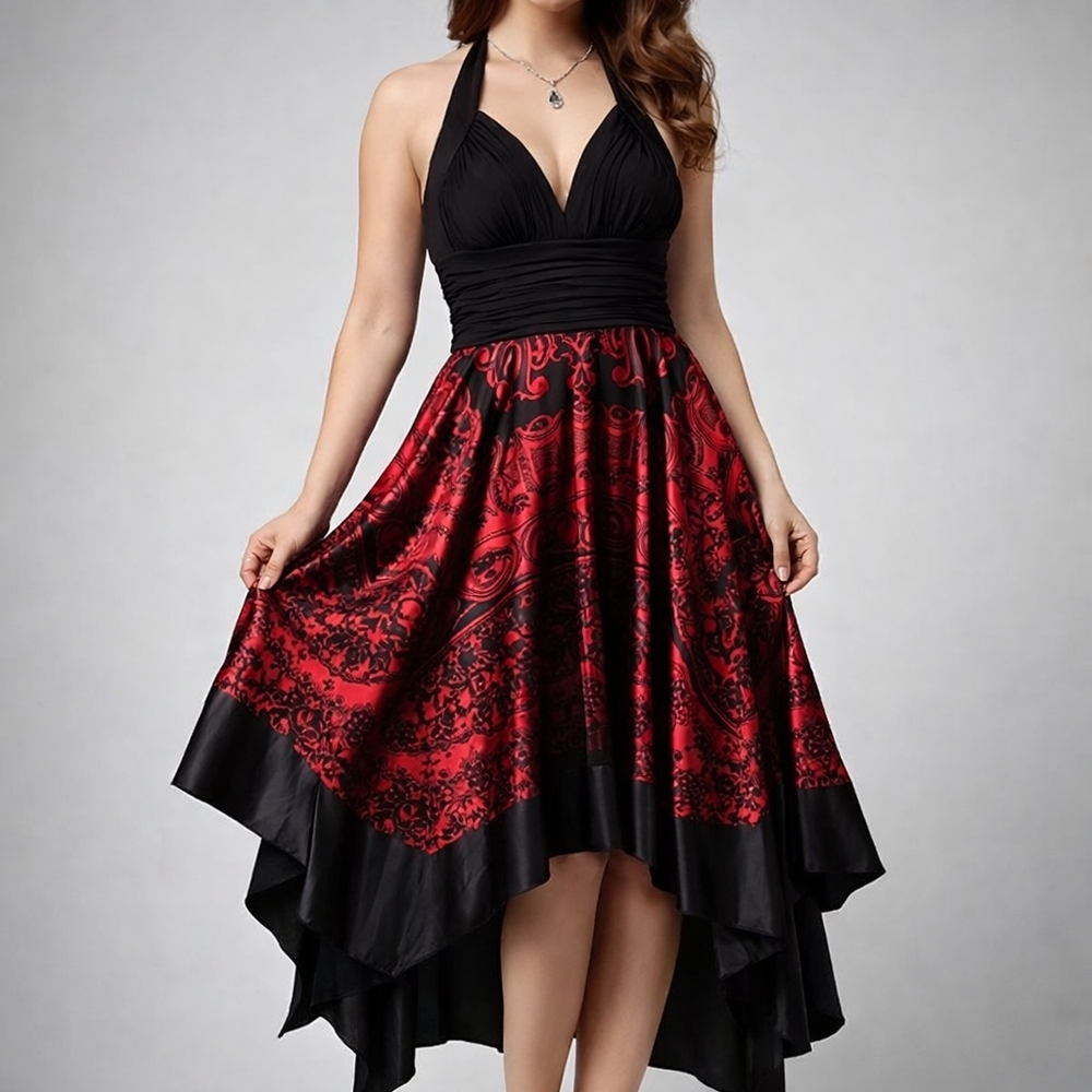 Whimsigoth Halter Asymmetrical‎ Flowy Dress Open Back Black Red Womens Size 4